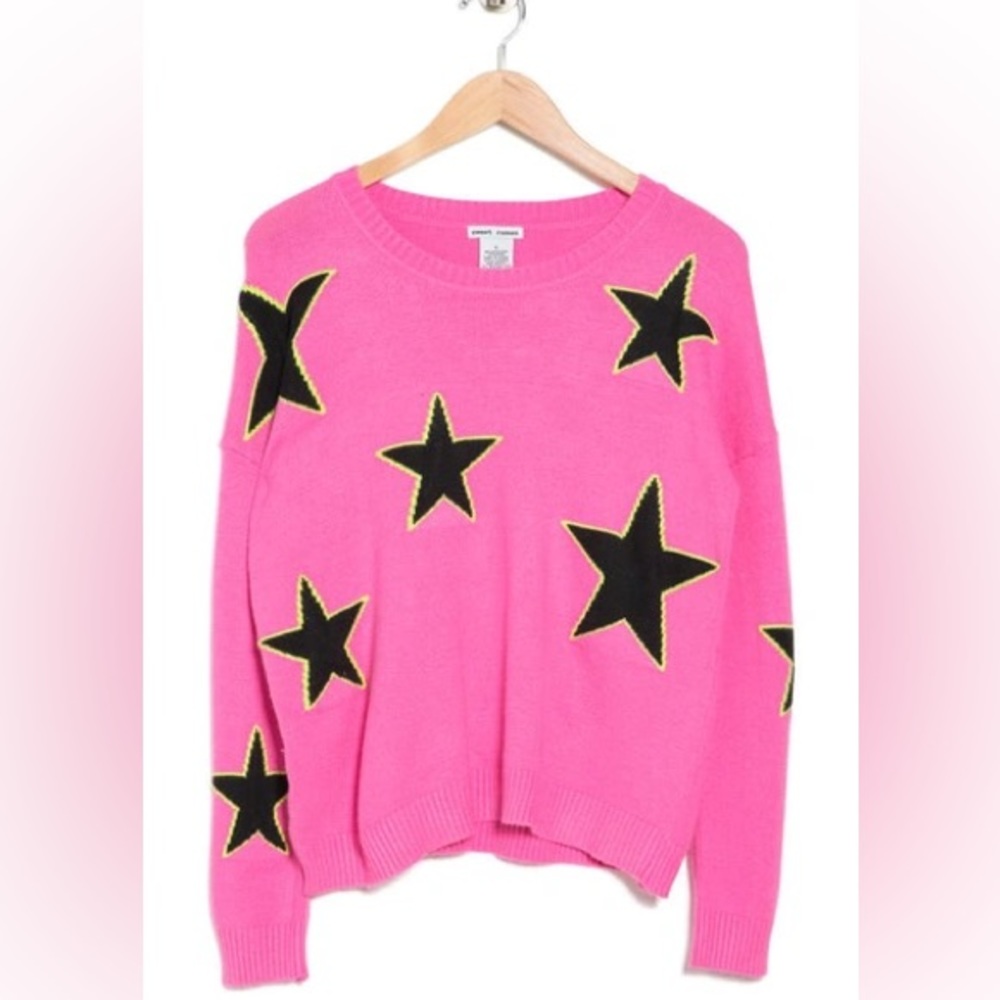 NWT Sweet Romeo Star Print Intarsia Sweater In Hot Pink/ Citrine/ Black Size Sm
